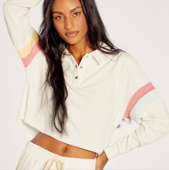 Wildfox Vanilla & Pastel Candy Stripe Miami Crop Polo Pullover Women's L Preppy - Picture 1 of 7